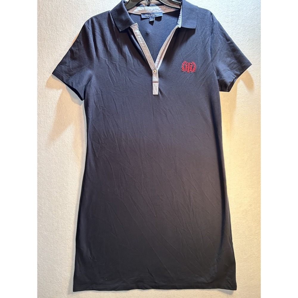 Tommy Hilfiger Navy Solid Polo Shift Dress M Short Sleeve Knee Cotton Logo